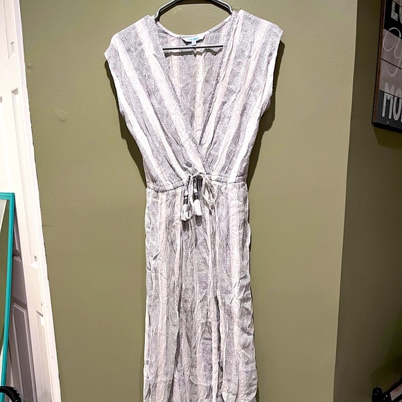 New Blue Island Silver White Wrap Maxi Dress Striped Glitter V Neck Spring - Picture 2 of 16